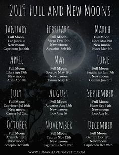 the full and new moon calendar with dates for each month in front of a night sky