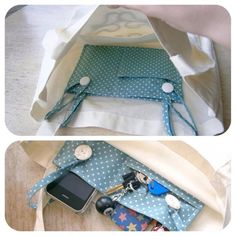 two pictures show the inside of a bag with buttons and other things in it, including a cell phone