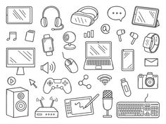 various electronic devices are shown in this black and white drawing, including a laptop, headphones