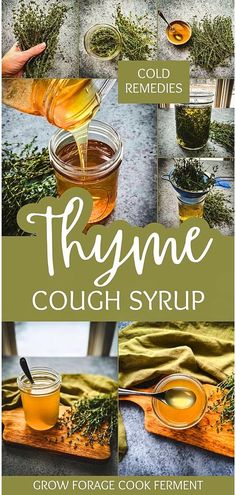 a collage of photos showing how to make cough syrup with herbs and other ingredients