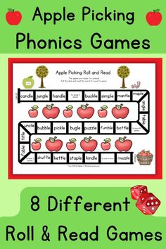 the apple picking phonics game is shown in red and green with apples on it