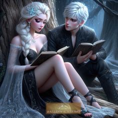 two people are sitting in the woods reading books