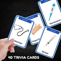 four cards with different types of medical items on them and the words trivia cards