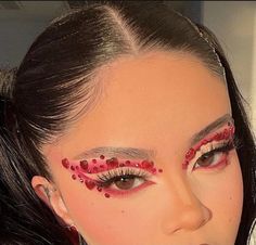 Red Eye Makeup With Rhinestones, Red Valentines Makeup Looks, Red Gem Makeup Rhinestones, Red Valentines Eyeshadow Look, Red Eyeshadow With Rhinestones, Red Valentine’s Day Makeup, Red Heart Makeup Look, Red Gems Makeup, Heart Rhinestone Makeup