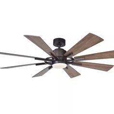 a ceiling fan with five wooden blades on the top and one light on the bottom