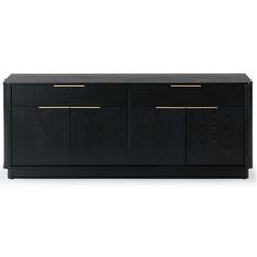 a black and gold sideboard with three drawers on one side, two doors at the other