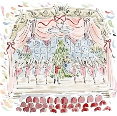 a watercolor and ink drawing of a christmas tree in front of a stage with ballerinas