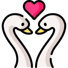 two white swans facing each other with a pink heart in the middle and one is holding its beaks