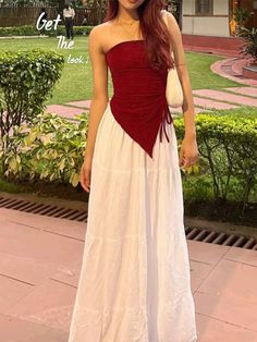 Elavate your summer with this stunning red and white dress 🪄 . Follow for more fashion inspiration and links ♡♡ #fashion  #casualwomensfashion #summerstyle Summer Dress Accessories, 4'11 Height Short People Outfits, Georgia Outfits, Casual Red Flowy Maxi Skirt, Red Flowy Long Skirt, Long Skirt And Tube Top Outfit, Tube Top And Long Skirt Outfits, Tube Top With Maxi Skirt, Tube Top With Long Skirt