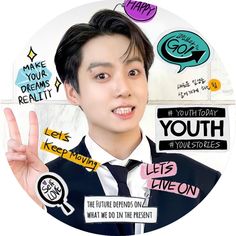 a young man making the peace sign with his hand and surrounded by other stickers