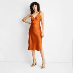 Beautiful Dress Made Out Of 100% Recycled Polyester. Orange Slip Dress Outfit, Orange Slip Dress, Slip Dress Outfit, Flower Midi Dress, Target Dresses, Midi Slip Dress, Rust Orange, Flutter Sleeve Dress, White Striped Dress