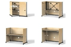 four different views of the same cabinet with doors open and shelves closed on each side