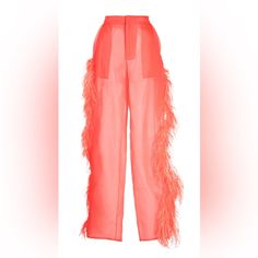 Coral Peach Transparent Ostrich Feathered Dressy Pants . Love These So Much , Only Wore It Once For An Event And They Are Now Too Small Red Feather Pajamas, Dressy Pants, Coral Peach, Jumpsuit Trousers, Pink Coral, Ostrich Feathers, Silk Organza, Coral Color, Wide Leg Pants