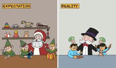 two cartoon pictures with santa and elves in front of the same room, one showing an expectation