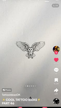 an owl tattoo on the back of a cell phone with other icons and symbols around it