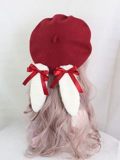 ❤fur ribbon colorful bunny beret❤︎ Cat Ear Beret, Rabbit Outfit, Beret Hat Bow, Kawaii Beret Hat, Adjustable Harajuku Hair Accessories With Ribbon, Egl Accessories, Kawaii Rabbit, Rabbit Clothes, Halter Dress Short