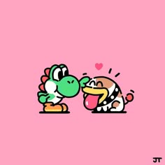 an animal kissing another animal with its mouth wide open on a pink background in the style of mario kart