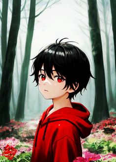 an anime character with black hair and red eyes standing in the middle of a forest