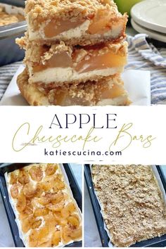 apple cheesecake bars are stacked on top of each other and ready to be eaten