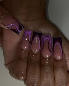 Small Design Nail Art, Eggplant Nails Acrylic, Purple Design Nails Acrylic, Slay Nail Designs, Simple Unique Acrylic Nails, Dark Baddie Nails, Fun Black Nail Designs, Dark Color Acrylic Nails, Purple Theme Nails