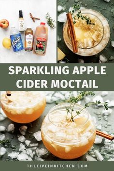 sparkling apple cider cocktail with ice and cinnamon garnish in the glass, surrounded by ingredients