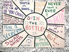 A piece of paper with multiple sections with fun activities like truth or dare. Spin The Bottle Ideas, Spin The Bottle Game, To Do At Sleepovers, Things To Do W Friends, Bottle Game, Stuff To Do With Friends