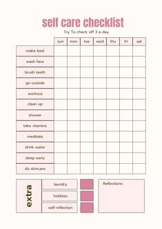 Welcome to your holistic self-care journey! Our carefully crafted self-care checklist is designed to guide you through nurturing practices for your mind, body, and soul. Each item on the checklist is thoughtfully curated to help you prioritize self-love, mindfulness, and well-being in your daily life. This printable checklist serves as your personal roadmap to self-care, offering a diverse range of activities to suit your unique needs and preferences. From soothing skincare rituals to empowering affirmations, from nourishing meals to calming meditation exercises, this checklist covers it all. Whether you're seeking to reduce stress, boost your mood, or simply pamper yourself, this checklist provides the gentle reminders and prompts you need to prioritize self-care every day. Hang it on you Self Care Whiteboard, Cute Self Care Checklist, Beauty Checklist Routine, Printable Self Care Checklist, Things To Do To Get Your Mind Off Things, Every Day Checklist, How To Show You Care, Treat Myself Ideas, Mind Self Care