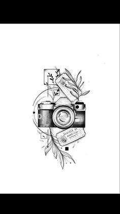 a black and white drawing of a camera with flowers on the side, surrounded by other objects