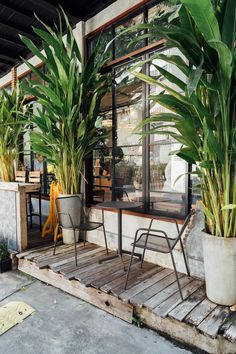 some plants are sitting in front of a window on a wooden platform near chairs and tables