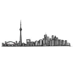 a black and white drawing of a city skyline with the cn tower in the background