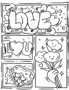 a coloring page with hearts and flowers