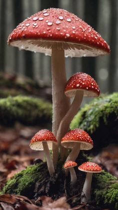 three red mushrooms are growing on the ground