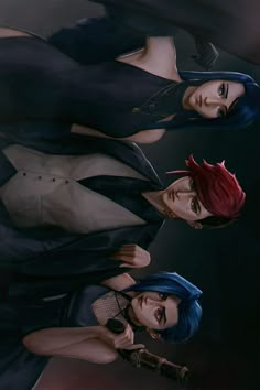 three anime characters standing next to each other in front of a black background with red hair