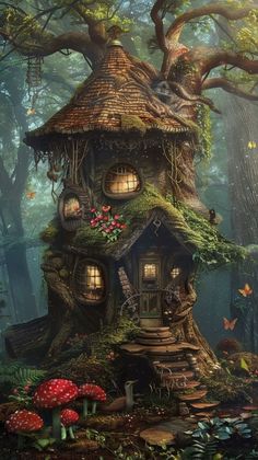 a fairy house in the middle of a forest