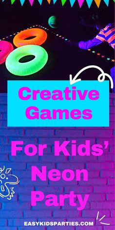 Light up your kids' party with these fun and engaging neon games! Featuring glow-in-the-dark mummy, neon balloon toss,  black light water blast and more, these activities are perfect for a night of excitement. For these games you need blacklight (UV light) for a most impresive effect. Neon Party Games, Blacklight Birthday Party, Glow Birthday Party Ideas, Neon Party Ideas, Easy Kids Party, Glow Theme Party, Uv Party