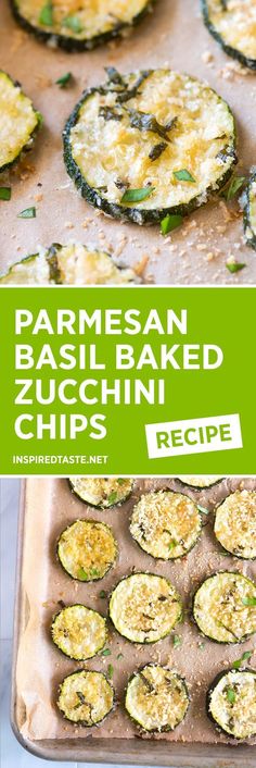 baked parmesan basil zucchini chips on a baking sheet with text overlay