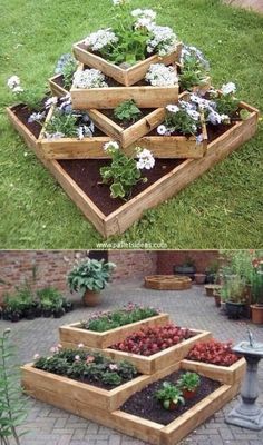 several wooden planters filled with flowers and plants