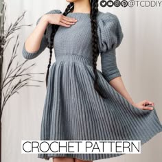 a woman wearing a gray dress with braids on her head and the words crochet pattern below it