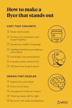 Yellow infographic on how to make a flyer that stands out with flyer copy tips and flyer design tips How To Make A Flyer, Product Flyer Design Inspiration, Brand Flyer Design, Flyer Tips, Promotional Flyer Design, Luxe Business Cards, Business Flyer Design, Product Flyer, Design Flyers