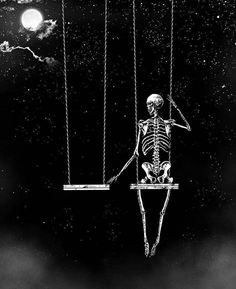 a skeleton sitting on a swing in the sky