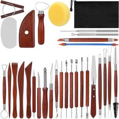 an assortment of woodworking tools including carving knives and other crafting tools are shown