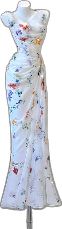 White Floor-length Midi Dress For Spring, White Formal Maxi Dress For Summer, Spring Wedding Dress With Floral Design, White Maxi Dress For Summer Formal Events, White Summer Maxi Dress For Formal Occasions, Summer Wedding Guest Dress With Flowy Skirt, Formal Long Skirt Feminine Dress, Elegant White Flowy Midi Dress, Long Skirt Wedding Dress With Floral Print