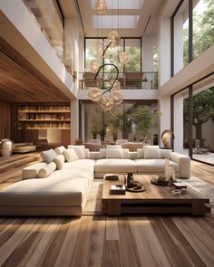 a large living room with wooden floors and white furniture in the center is surrounded by glass walls