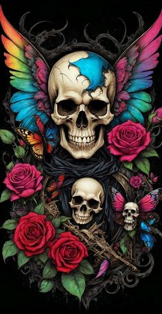 a skull with wings and roses on it's chest, surrounded by other skulls