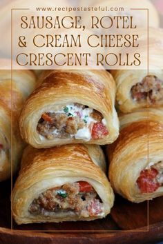 sausage, rotel and cream cheese crescent rolls on a wooden platter with text overlay