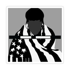 a black and white photo of a person with an american flag on it