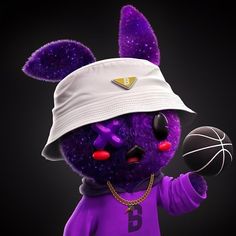 a purple stuffed animal wearing a white hat and holding a basketball in its right hand