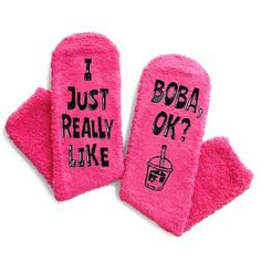 BOBA SOCKSThese boba socks for women feature delightful bubble tea adorned with large pearls and cups on top, the bottom of the socks displays a humorous secret message written in non-slip ink that says "I JUST REALLY LIKE BOBA, OK?"SIZE & MATERIALThese fluffy socks are made of plush coral fleece, providing ultimate comfort and warmth. Designed to fit women's shoe sizes 6-10. Our fuzzy socks also feature black non-slip soles, ensuring your safety on wood and tile floors.CUPCAKE PACKAGINGTo ensur Bubble Tea Socks, Sock Display, Socks Gifts, Christmas Wedding Gifts, Fluffy Socks, Fuzzy Socks, Tile Floors, Socks For Women, Boba Tea