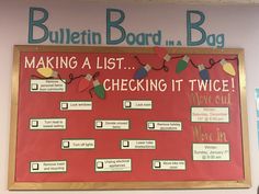 bulletin board with instructions for making a list and checking it twice on the front wall