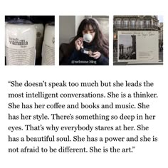 a woman holding a coffee cup in front of her face with the words she doesn't speak too much but she leads the most intelligent conversations